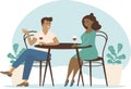 Young multiracial coupleÃÂ spend time in cafe summer terrace talking drinking wine